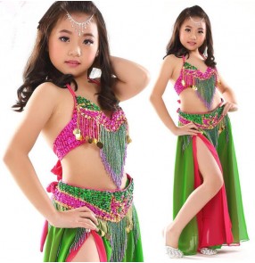 Green rainbow colored orange blue patchwork chiffon girls kids children performance competition high quality belly dance dresses outfits